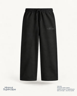 Minimal Black Unisex Sweatpants — premium 3D front view, 260 GSM terry