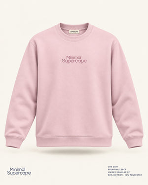 Minimal Baby Pink Unisex Sweatshirt — premium 3D front view with original tonal chest wordmark and SuperCape neck label