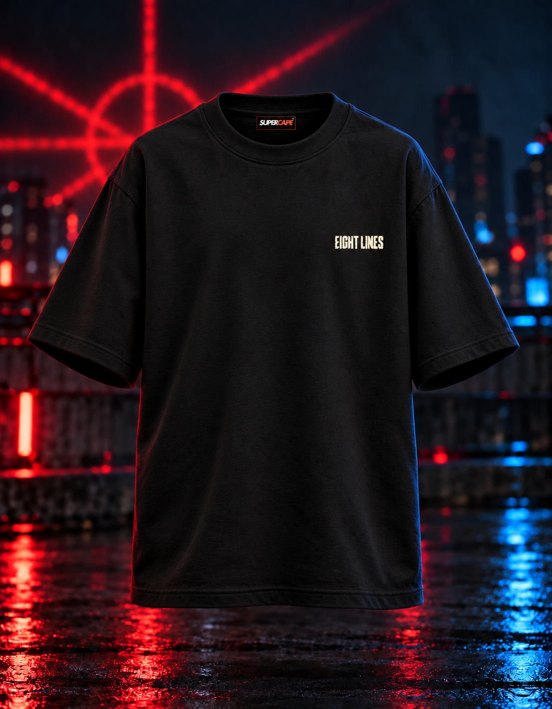 SuperCape EIGHT LINES black oversized T-shirt front 3D mockup with a small bone-white left-chest wordmark and a SuperCape label inside the neckline.