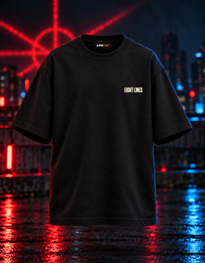 SuperCape EIGHT LINES black oversized T-shirt front 3D mockup with a small bone-white left-chest wordmark and a SuperCape label inside the neckline.