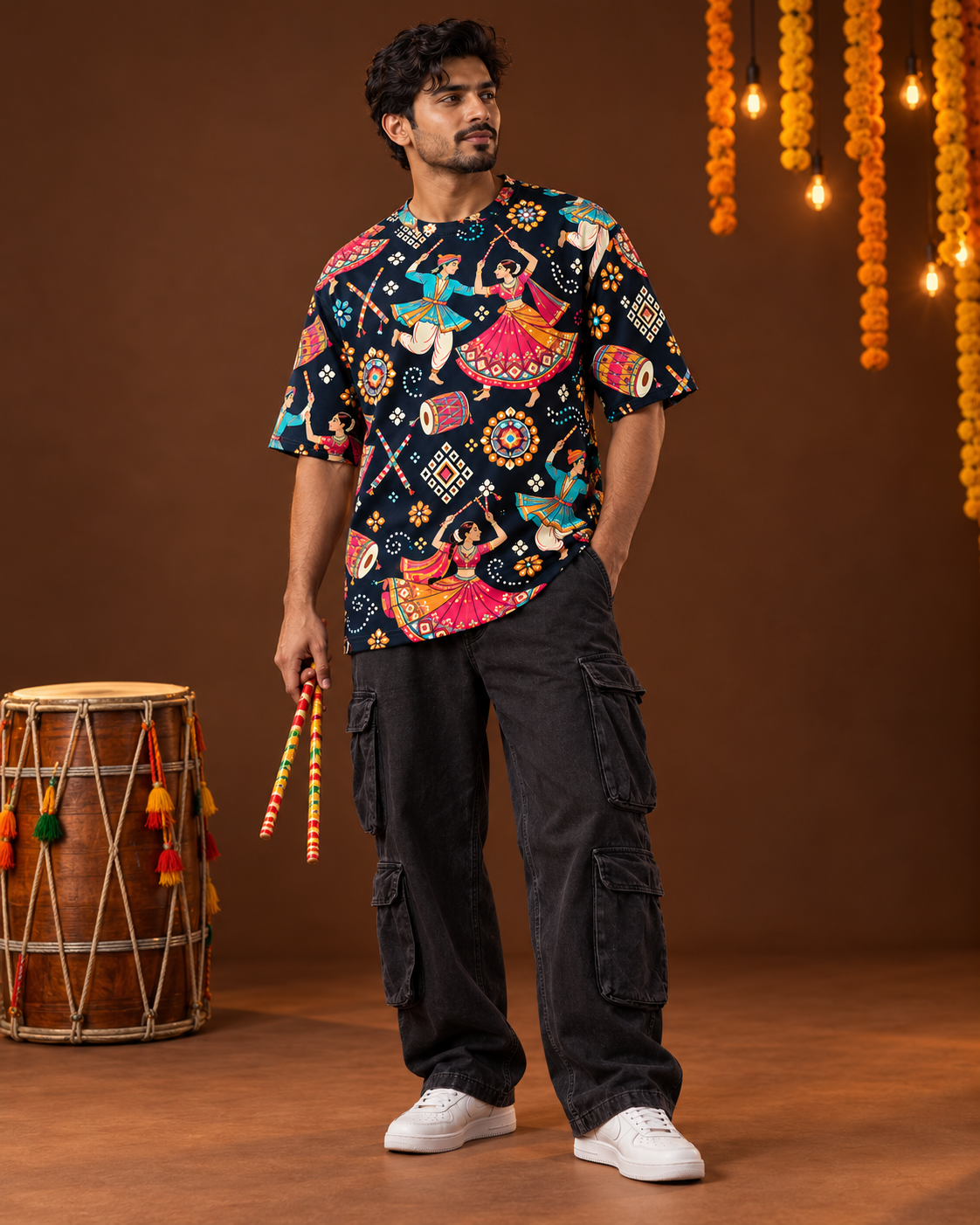 Model wearing the SuperCape Garba Nights oversized t-shirt for Navratri 2026