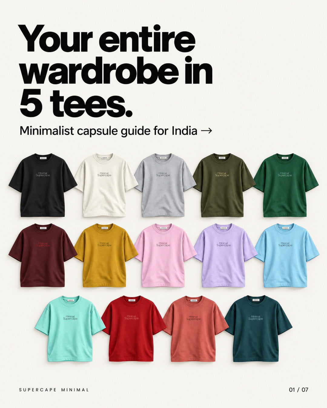 SuperCape Minimal capsule wardrobe guide for India featuring all 14 oversized tee colours