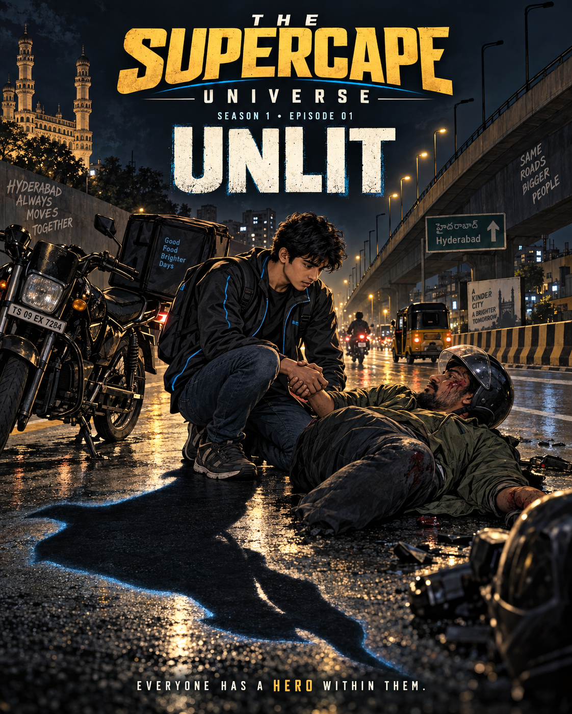 SCU Season 1 Episode 01 UNLIT cover featuring Vihaan Rathore helping an injured rider on a Hyderabad flyover
