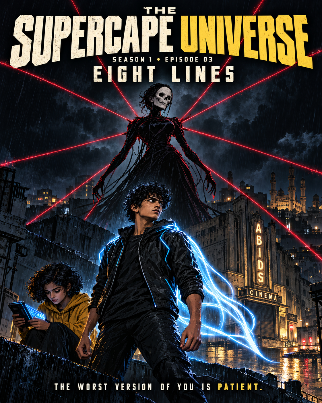SCU Season 1 Episode 03 Eight Lines cover featuring VoltCape, Naaz and Skull Spider above Abids, Hyderabad