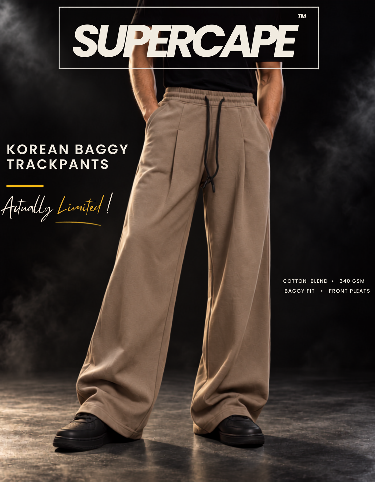 Brown Korean baggy pants campaign poster by SUPERCAPE, 340 GSM cotton blend wide-leg fit