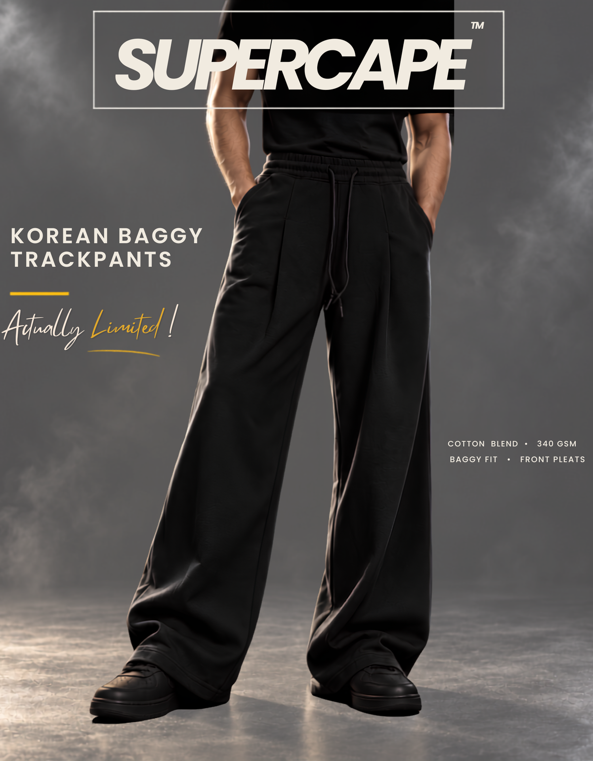 Black Korean baggy pants campaign poster by SUPERCAPE, 340 GSM cotton blend wide-leg fit