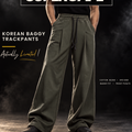 Olive green Korean baggy pants campaign poster by SUPERCAPE, 340 GSM cotton blend wide-leg fit