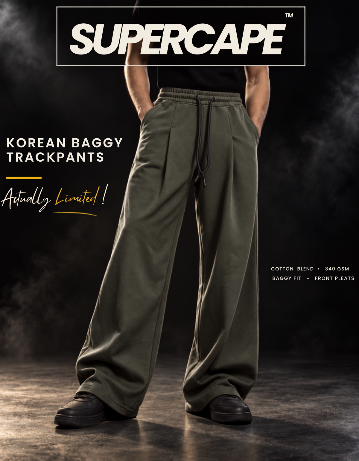 Olive green Korean baggy pants campaign poster by SUPERCAPE, 340 GSM cotton blend wide-leg fit