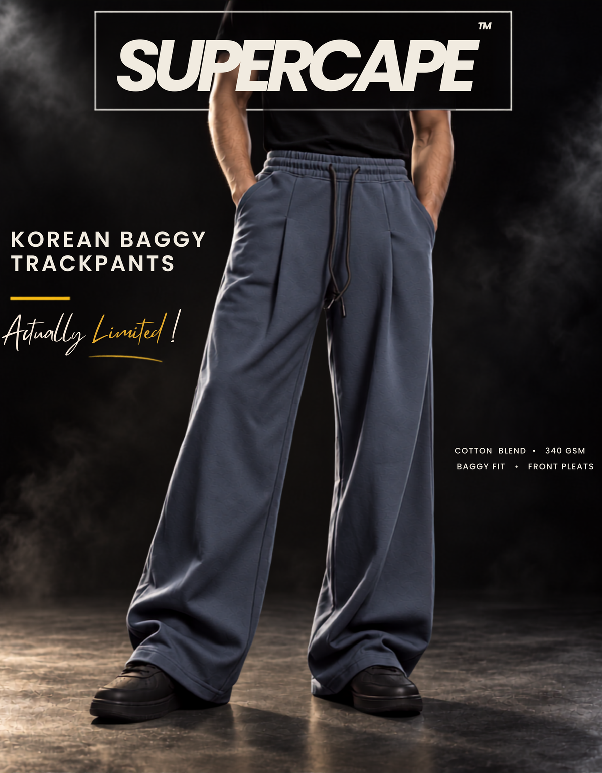 Blue Korean baggy pants campaign poster by SUPERCAPE, 340 GSM cotton blend wide-leg fit