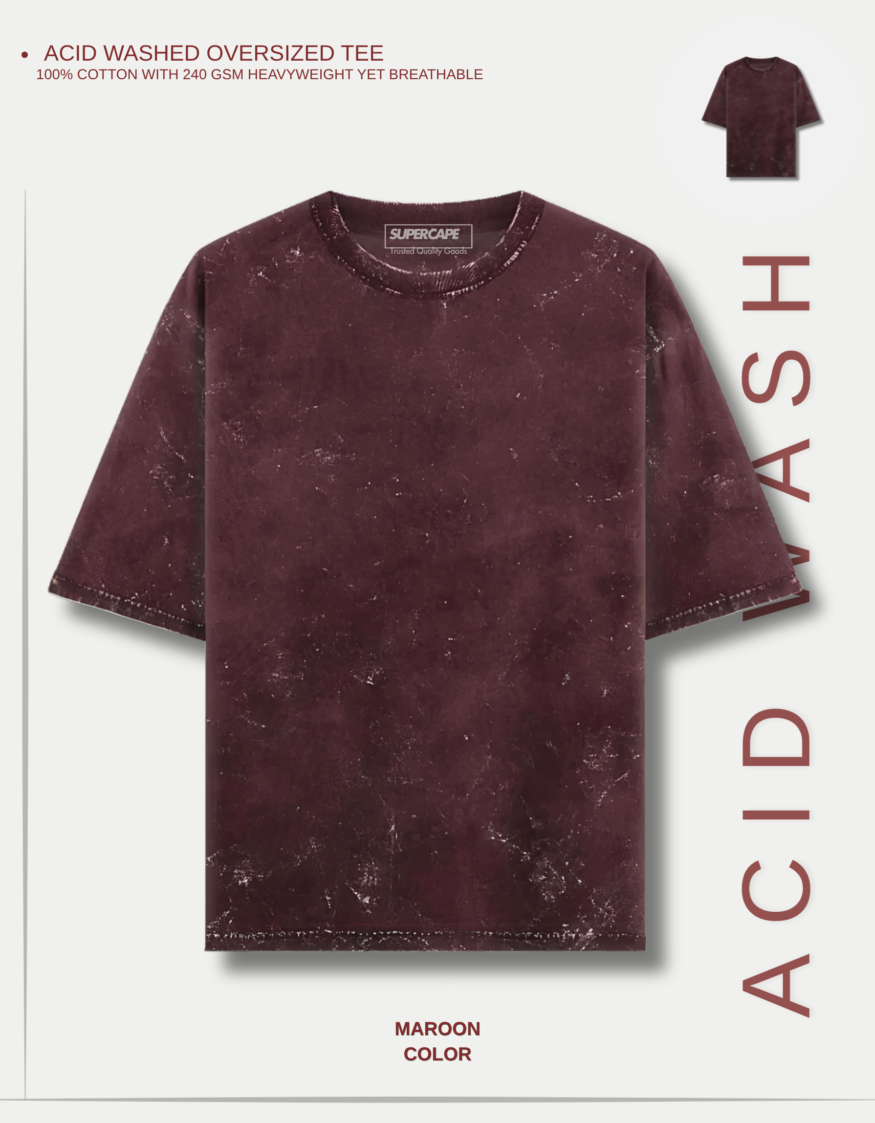 Maroon Unisex Acid Washed Oversized Tee