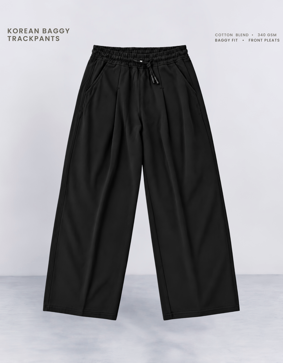 Black Korean baggy pants front view, 340 GSM cotton blend with elasticated waistband and drawcord