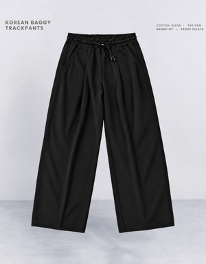Black Korean baggy pants front view, 340 GSM cotton blend with elasticated waistband and drawcord