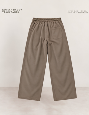 Brown Korean baggy pants back view, relaxed oversized fit with full wide-leg width