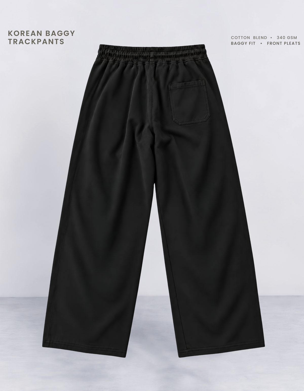 Black Korean baggy pants back view, relaxed oversized fit with full wide-leg width