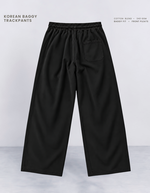 Black Korean baggy pants back view, relaxed oversized fit with full wide-leg width