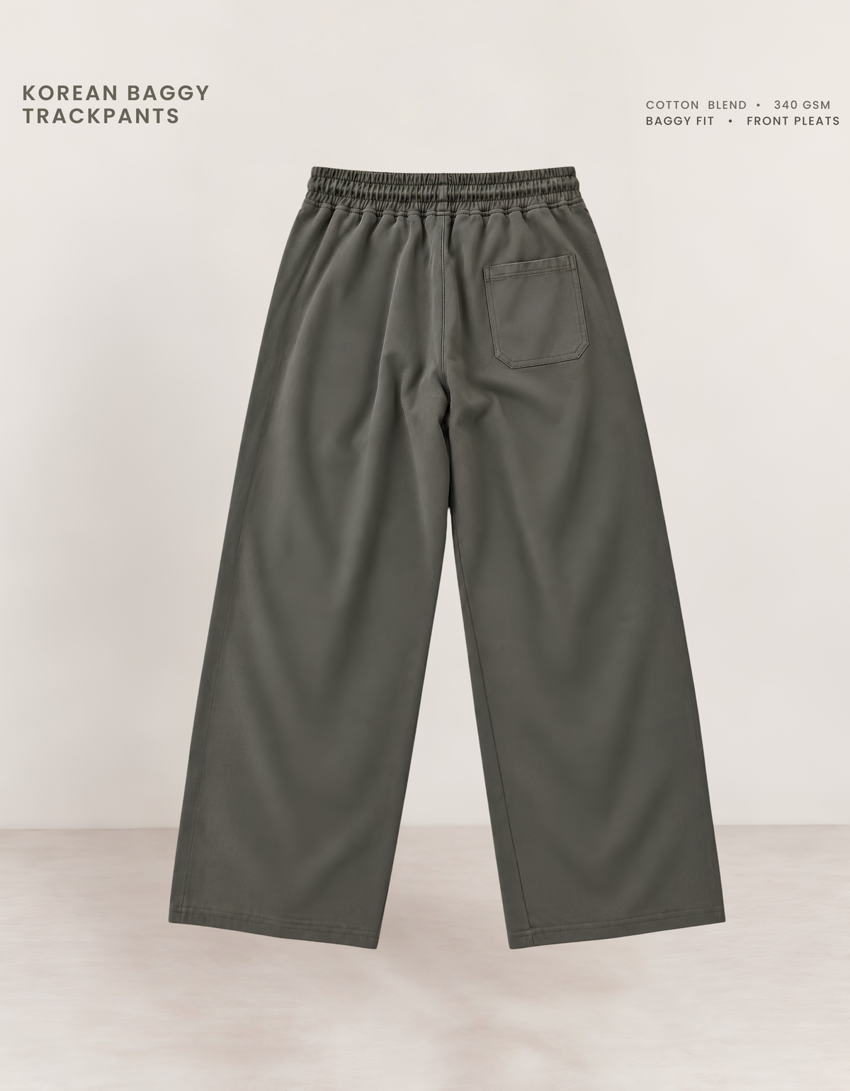 Olive green Korean baggy pants back view, relaxed oversized fit with full wide-leg width