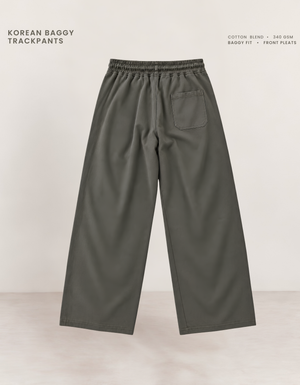 Olive green Korean baggy pants back view, relaxed oversized fit with full wide-leg width