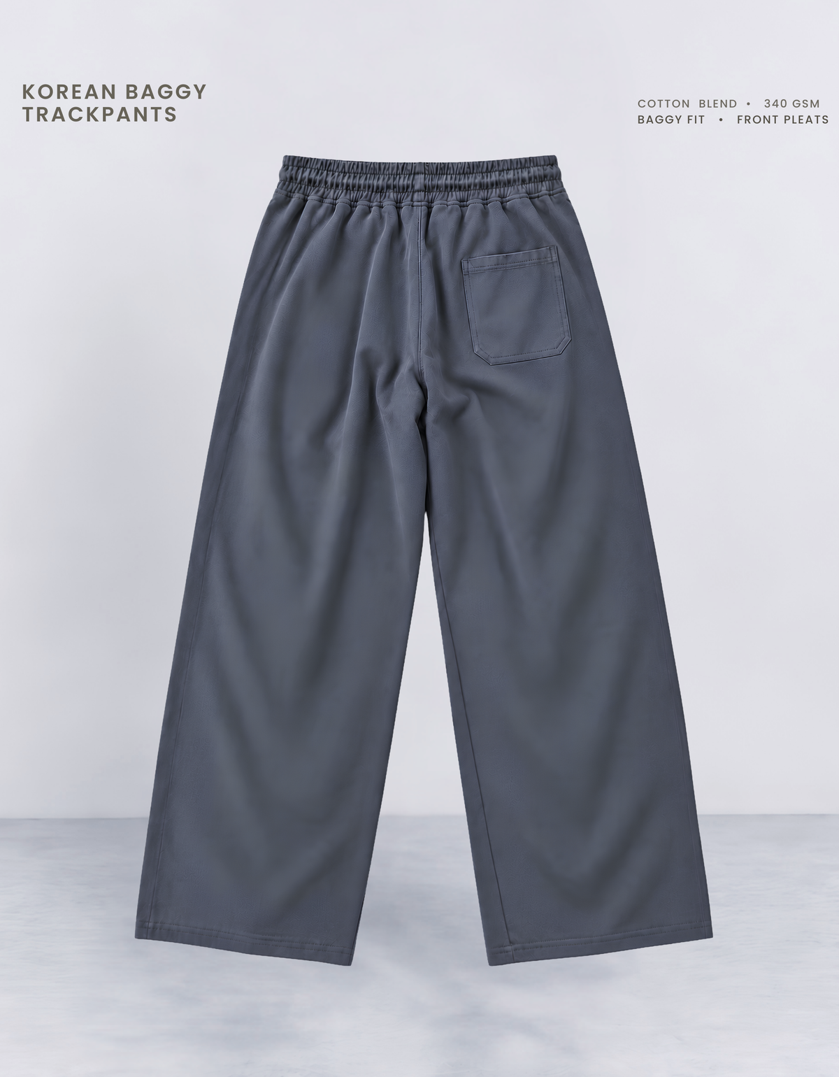 Blue Korean baggy pants back view, relaxed oversized fit with full wide-leg width