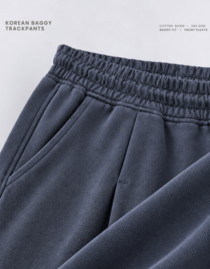 Front pleat stitching and side pocket detail on blue Korean baggy pants, 340 GSM cotton blend