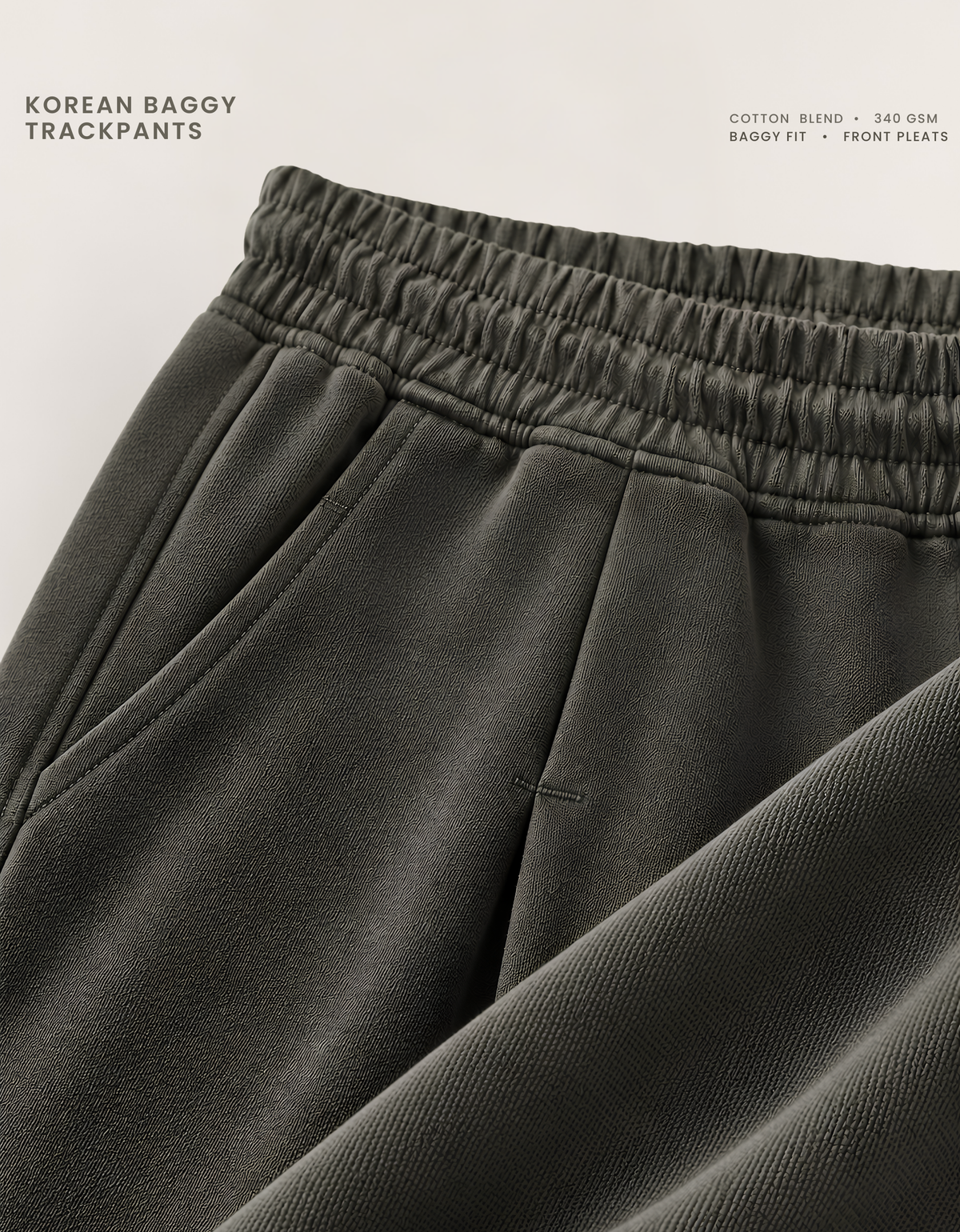 Front pleat stitching and side pocket detail on olive green Korean baggy pants, 340 GSM cotton blend