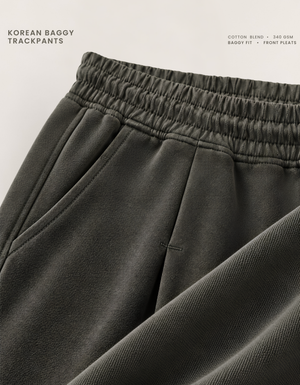 Front pleat stitching and side pocket detail on olive green Korean baggy pants, 340 GSM cotton blend