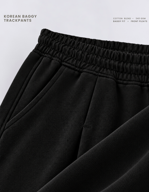 Front pleat stitching and side pocket detail on black Korean baggy pants, 340 GSM cotton blend