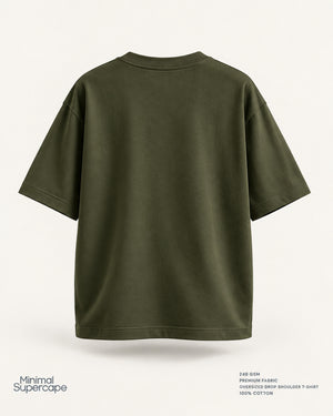Minimal Olive Green Oversized T-Shirt – premium plain back view; 240 GSM premium fabric, oversized drop shoulder T-shirt, 100% cotton