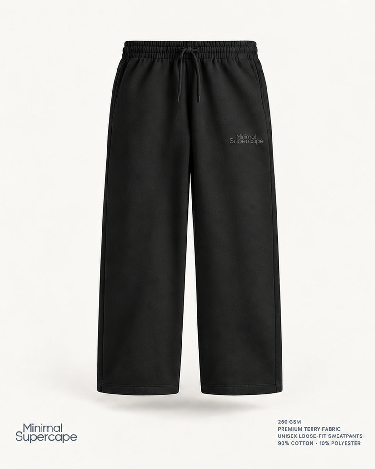 Minimal Black Unisex Sweatpants — premium 3D front view, 260 GSM terry