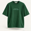 Minimal Bottle Green Oversized T-Shirt – premium front view with Minimal Supercape chest typography and SuperCape neck label; 240 GSM premium fabric, oversized drop shoulder T-shirt, 100% cotton