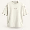 Minimal Off-White Oversized T-Shirt – premium front view with Minimal Supercape chest typography and SuperCape neck label; 240 GSM premium fabric, oversized drop shoulder T-shirt, 100% cotton