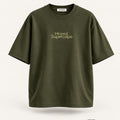 Minimal Olive Green Oversized T-Shirt – premium front view with Minimal Supercape chest typography and SuperCape neck label; 240 GSM premium fabric, oversized drop shoulder T-shirt, 100% cotton