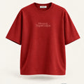 Minimal Red Oversized T-Shirt – premium front view with Minimal Supercape chest typography and SuperCape neck label; 240 GSM premium fabric, oversized drop shoulder T-shirt, 100% cotton