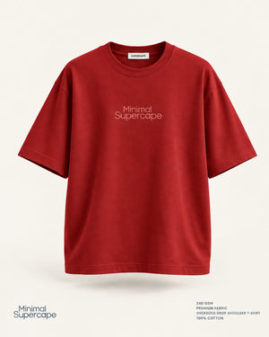 Minimal Red Oversized T-Shirt – premium front view with Minimal Supercape chest typography and SuperCape neck label; 240 GSM premium fabric, oversized drop shoulder T-shirt, 100% cotton