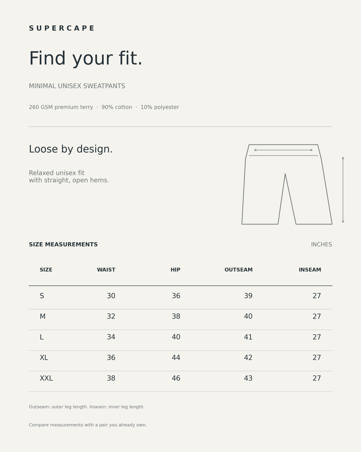 Minimal Supercape Unisex Sweatpants size chart — S to XXL, waist, hip, outseam and inseam measurements in inches