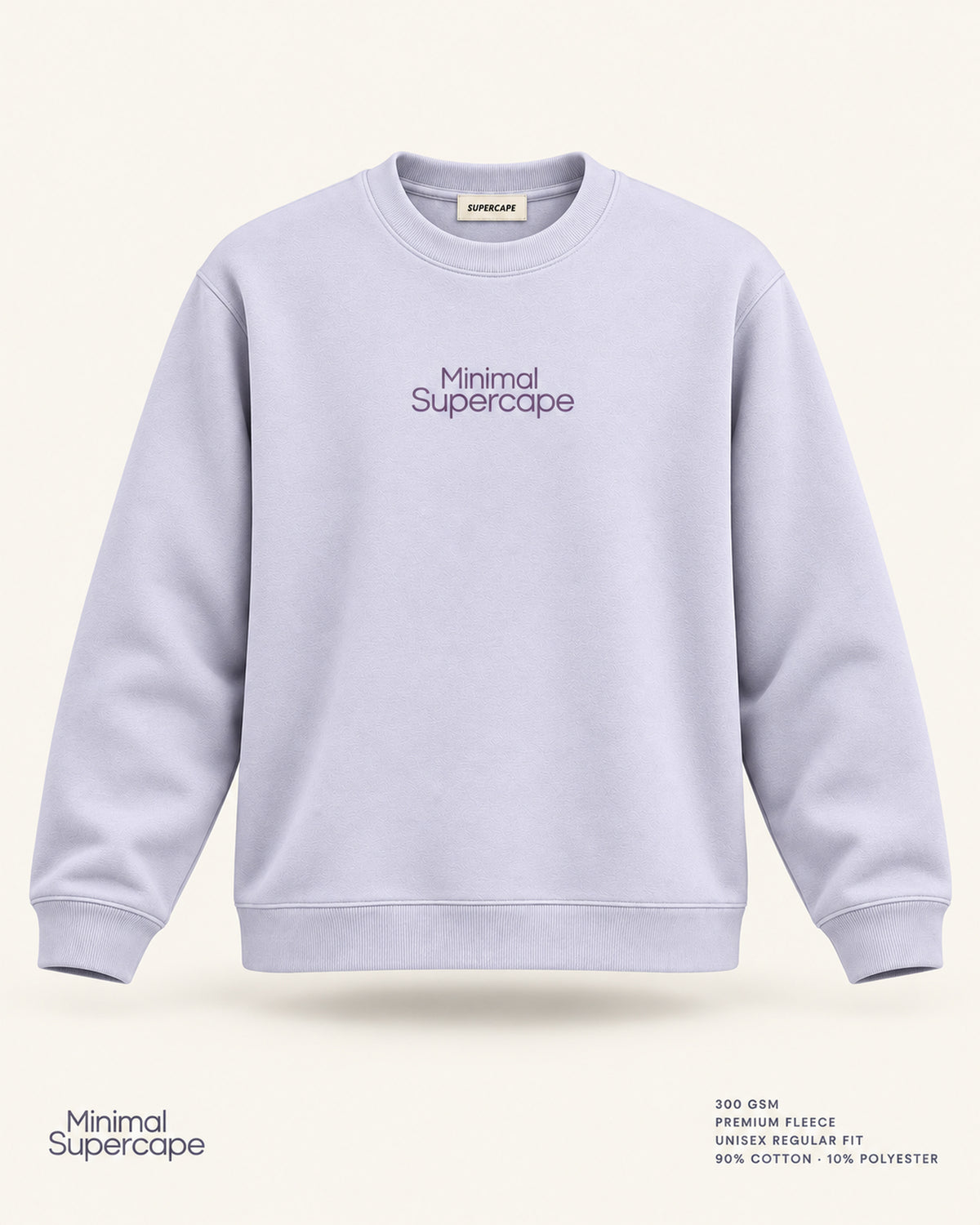 Minimal Lavender Unisex Sweatshirt — premium 3D front view with original tonal chest wordmark and SuperCape neck label
