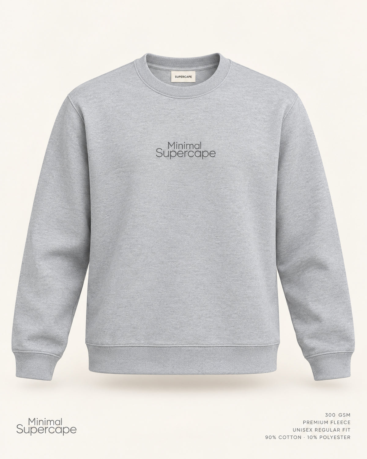 Minimal Grey Unisex Sweatshirt — premium 3D front view with original tonal chest wordmark and SuperCape neck label