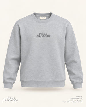 Minimal Grey Unisex Sweatshirt — premium 3D front view with original tonal chest wordmark and SuperCape neck label