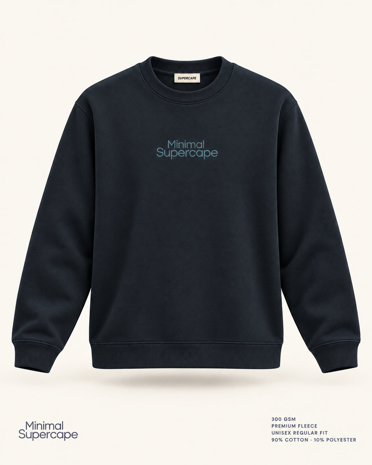 Minimal Navy Blue Unisex Sweatshirt — premium 3D front view with original tonal chest wordmark and SuperCape neck label