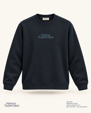 Minimal Navy Blue Unisex Sweatshirt — premium 3D front view with original tonal chest wordmark and SuperCape neck label