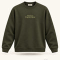Minimal Olive Green Unisex Sweatshirt — premium 3D front view with original tonal chest wordmark and SuperCape neck label