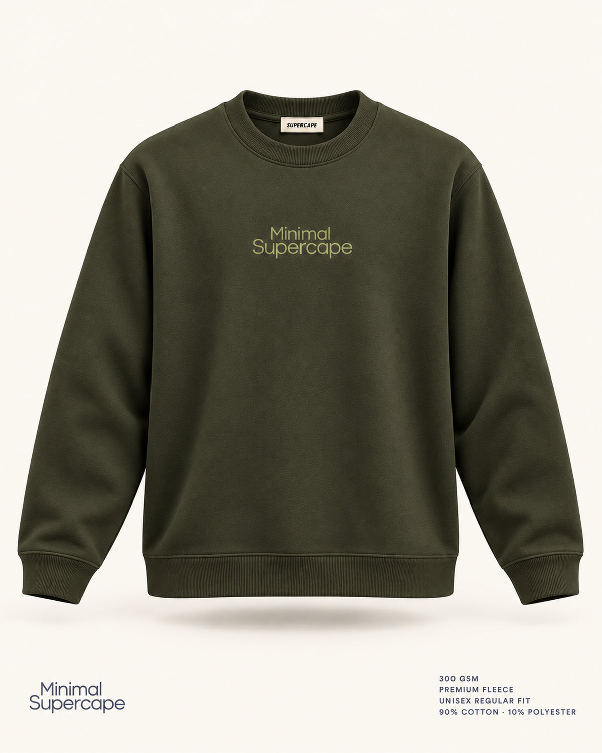 Minimal Olive Green Unisex Sweatshirt — premium 3D front view with original tonal chest wordmark and SuperCape neck label