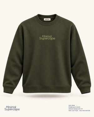 Minimal Olive Green Unisex Sweatshirt — premium 3D front view with original tonal chest wordmark and SuperCape neck label