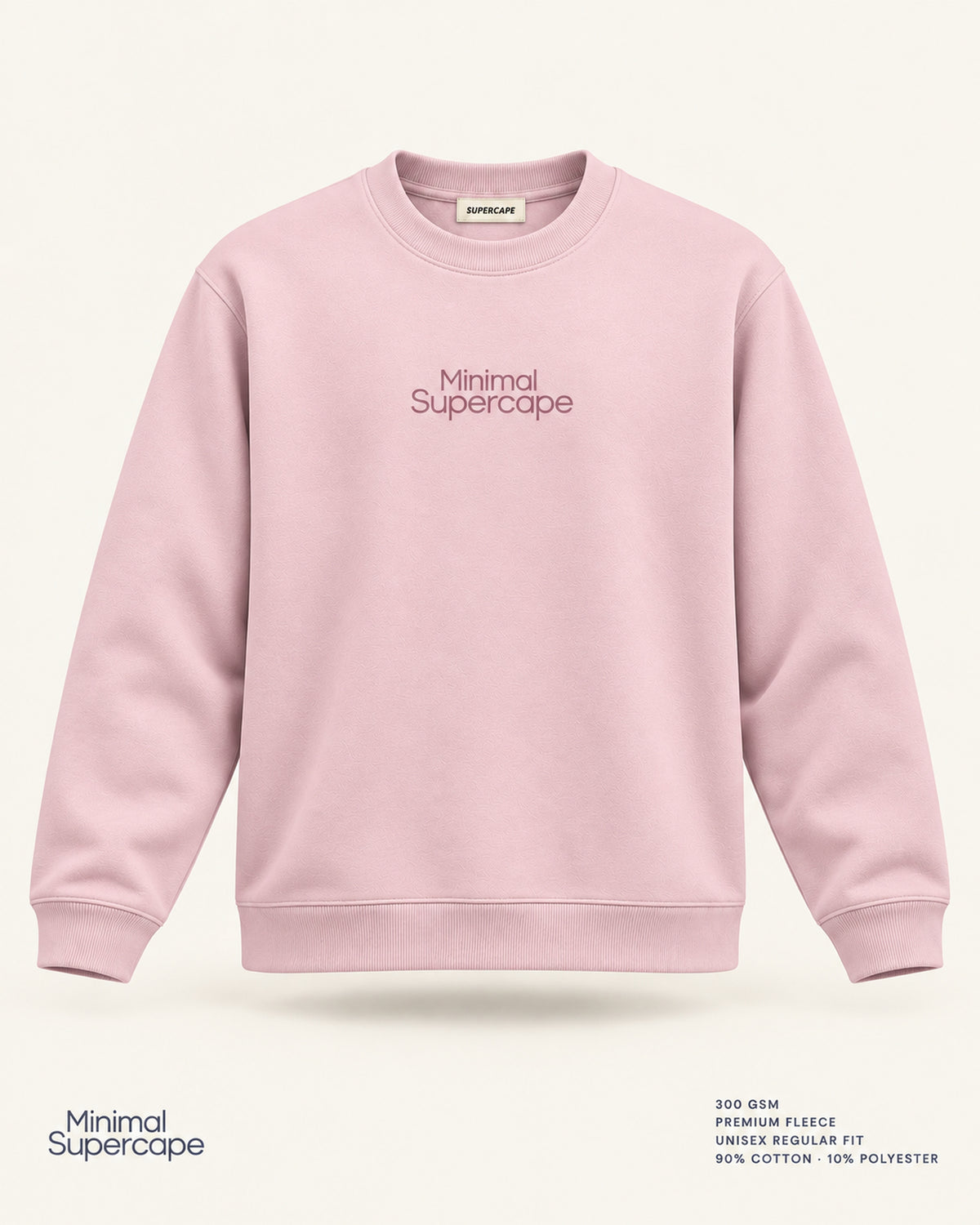 Minimal Baby Pink Unisex Sweatshirt — premium 3D front view with original tonal chest wordmark and SuperCape neck label