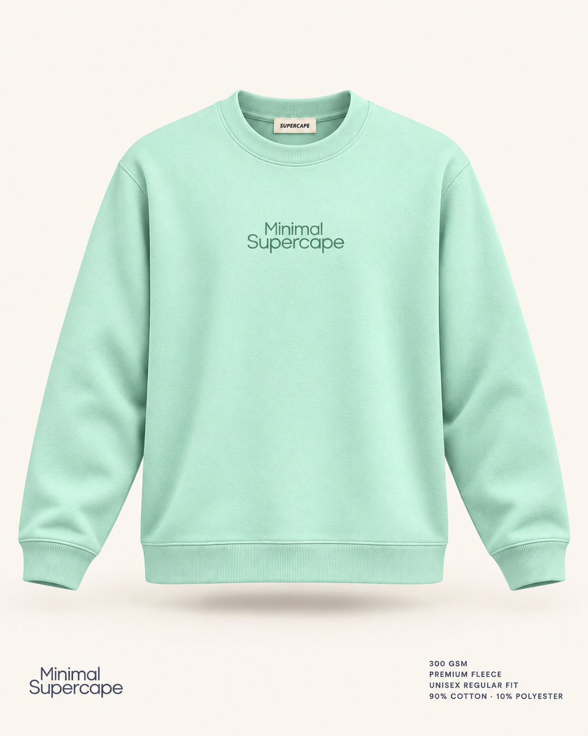 Minimal Mint Unisex Sweatshirt — premium 3D front view with original tonal chest wordmark and SuperCape neck label