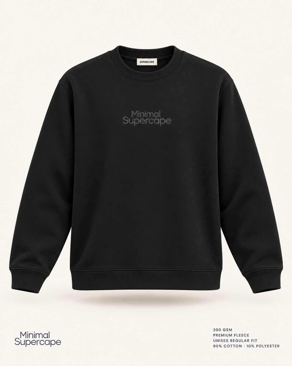 Minimal Black Unisex Sweatshirt — premium 3D front view with original tonal chest wordmark and SuperCape neck label