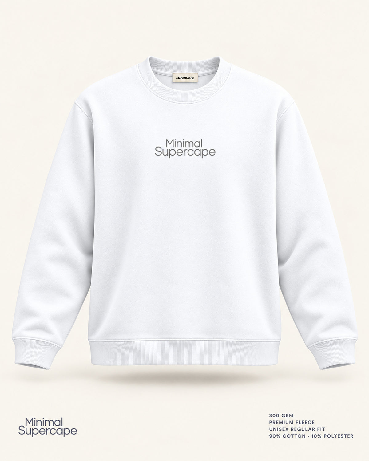 Minimal White Unisex Sweatshirt — premium 3D front view with original tonal chest wordmark and SuperCape neck label