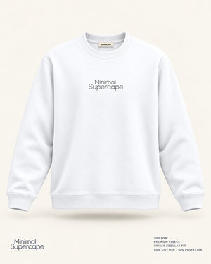 Minimal White Unisex Sweatshirt — premium 3D front view with original tonal chest wordmark and SuperCape neck label