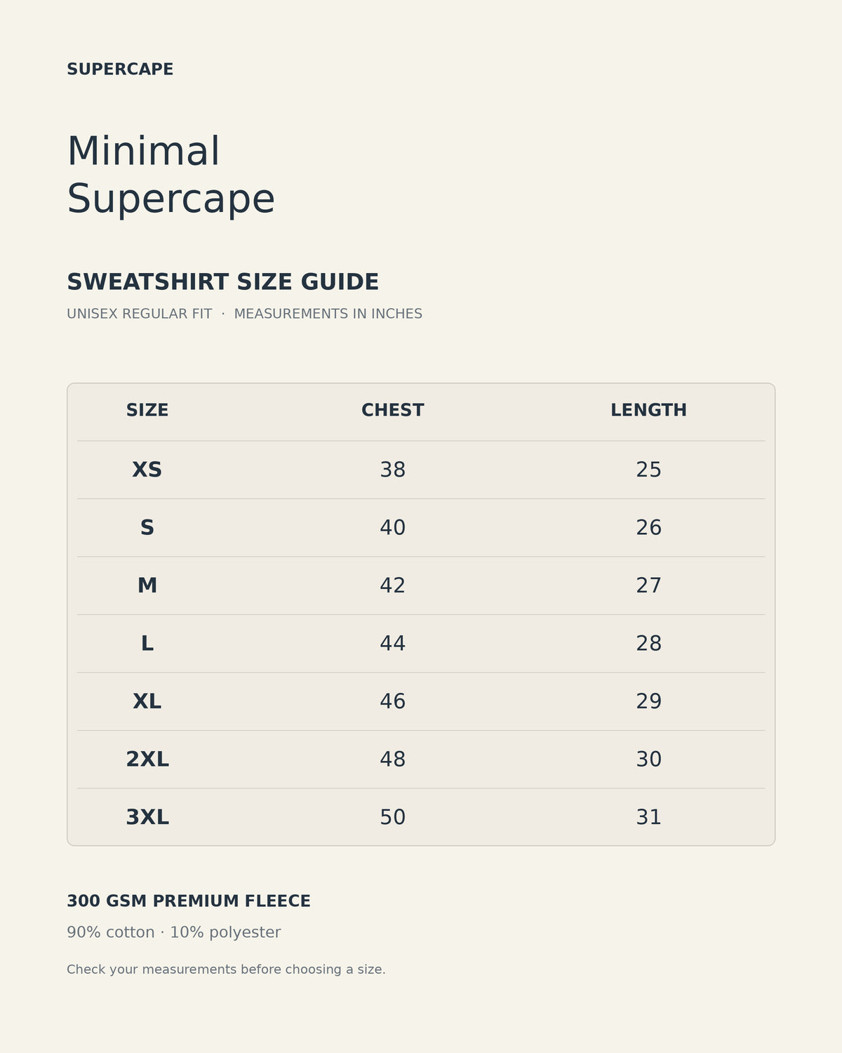 SuperCape Minimal regular-fit sweatshirt size chart, XS–3XL, chest and length in inches