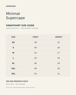 SuperCape Minimal regular-fit sweatshirt size chart, XS–3XL, chest and length in inches