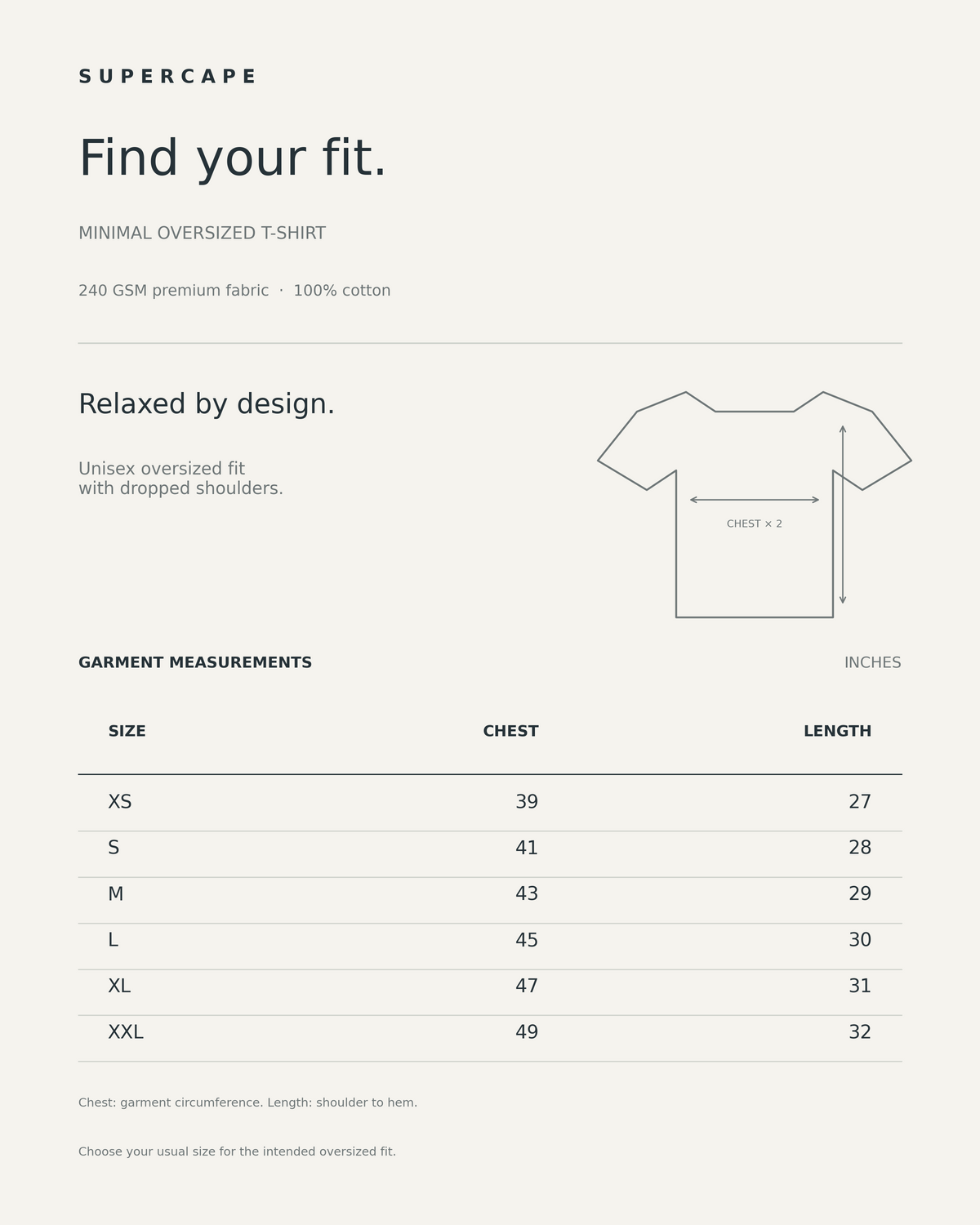 SuperCape Minimal oversized T-shirt size chart, XS to XXL, garment measurements in inches
